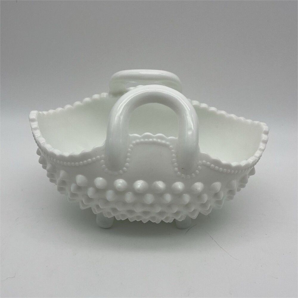 Vintage White Milk Glass Hobnail Decorative Footed Basket with Handles, Oval